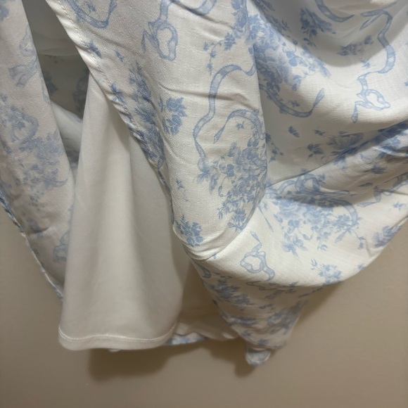 Blue and White Bridgerton Vibes Bow Pattern Toile Peasant Puff Sleeve Dress - Picture 5 of 5